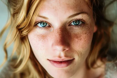 Close Up Portrait Of A Young Woman With Freckles
