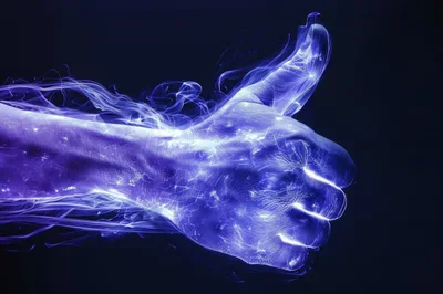 Glowing Blue Energy Hand Giving Thumbs Up Gesture