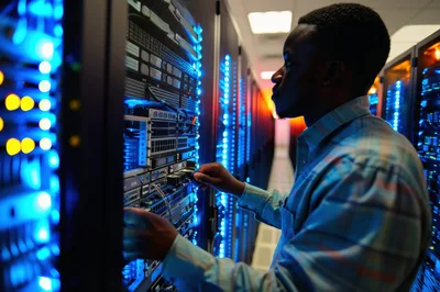 IT Technician Working On Server Rack In Data Center