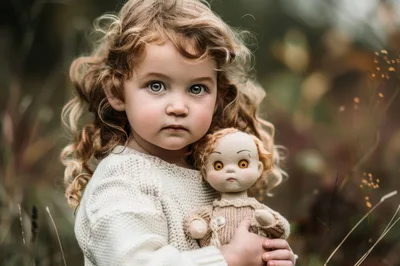 Young Girl Holding A Vintage Doll Outdoors