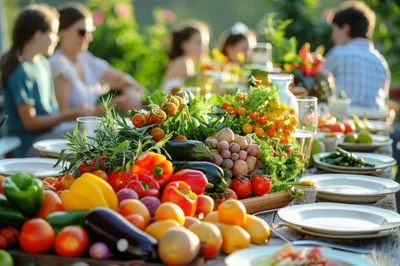 Fresh Vegetable Harvest Spread On Outdoor Dining Table