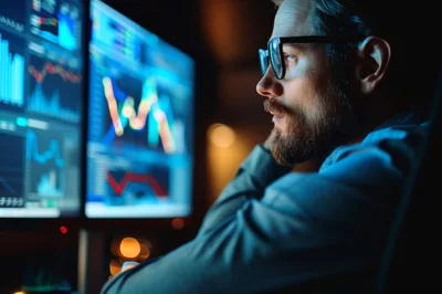 Focused Financial Trader Analyzing Stock Market Data