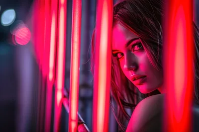 Portrait Of A Young Woman Behind Neon Lights
