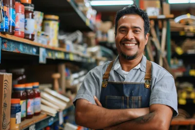 Smiling Hardware Store Clerk Standing In Aisle