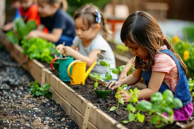 Children Gardening Together In A Raised Bed