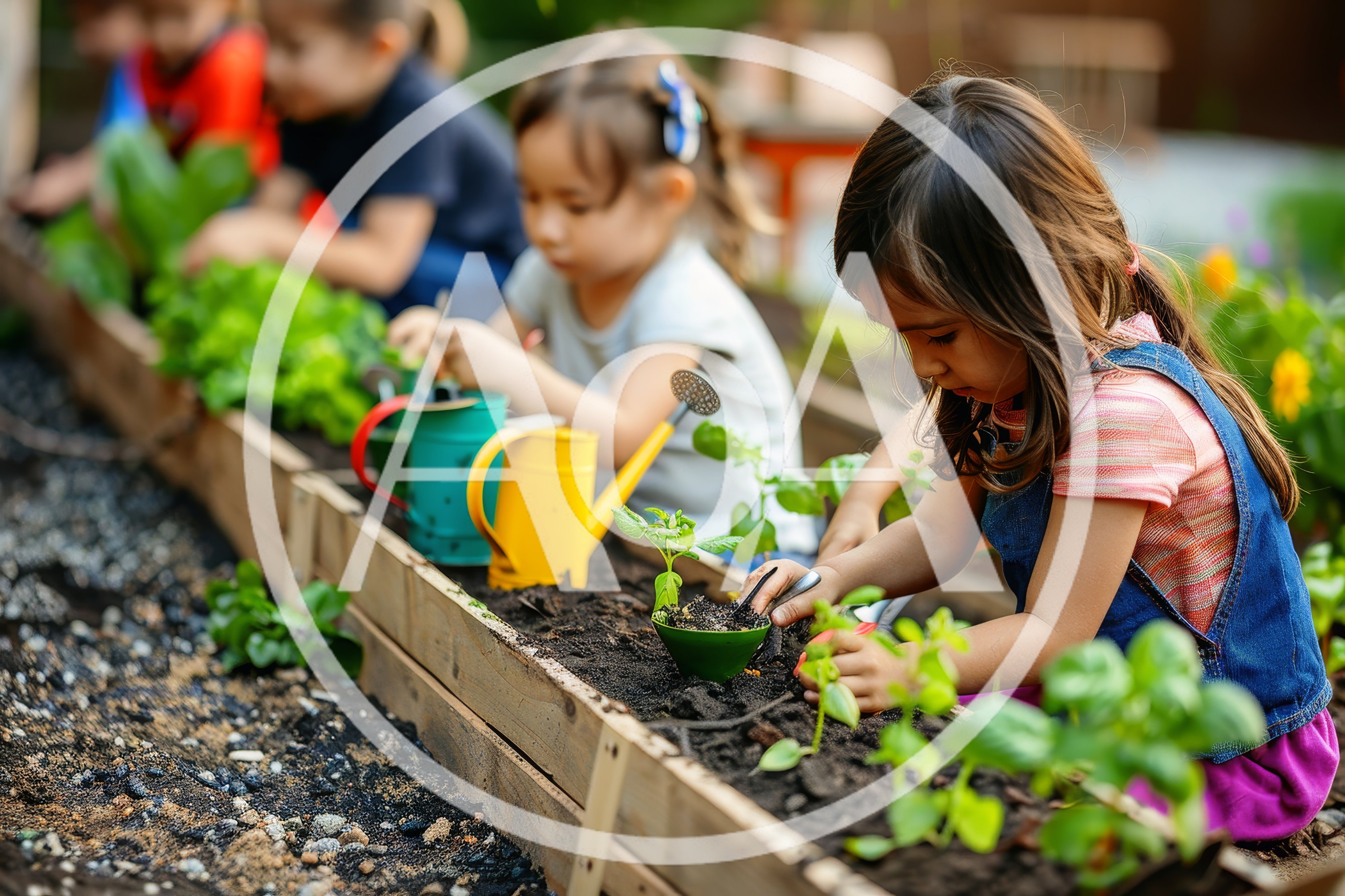 Children Gardening Together In A Raised Bed