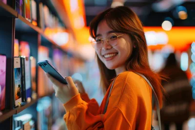 Young Asian Woman Shopping For Smartphones In Electronics Store