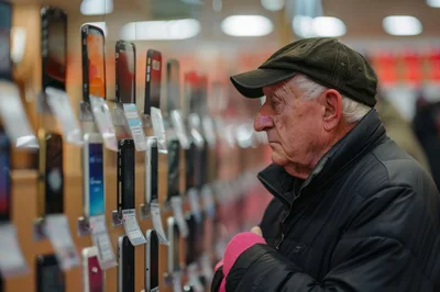 Elderly Man Shopping For Smartphones In Electronics Store