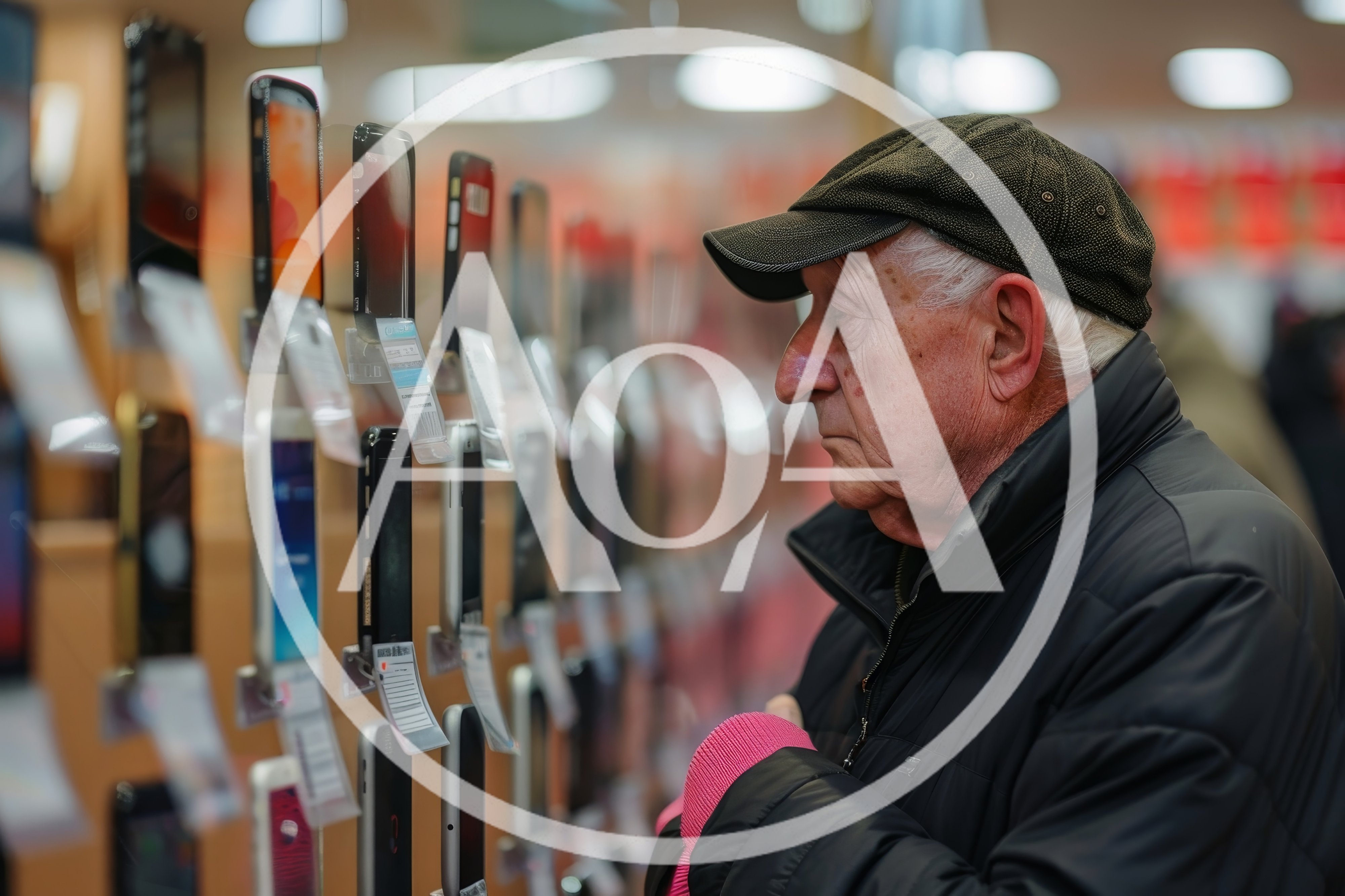 Elderly Man Shopping For Smartphones In Electronics Store