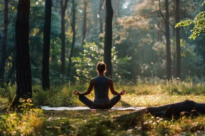 Woman Practicing Yoga Meditation In A Sunlit Forest