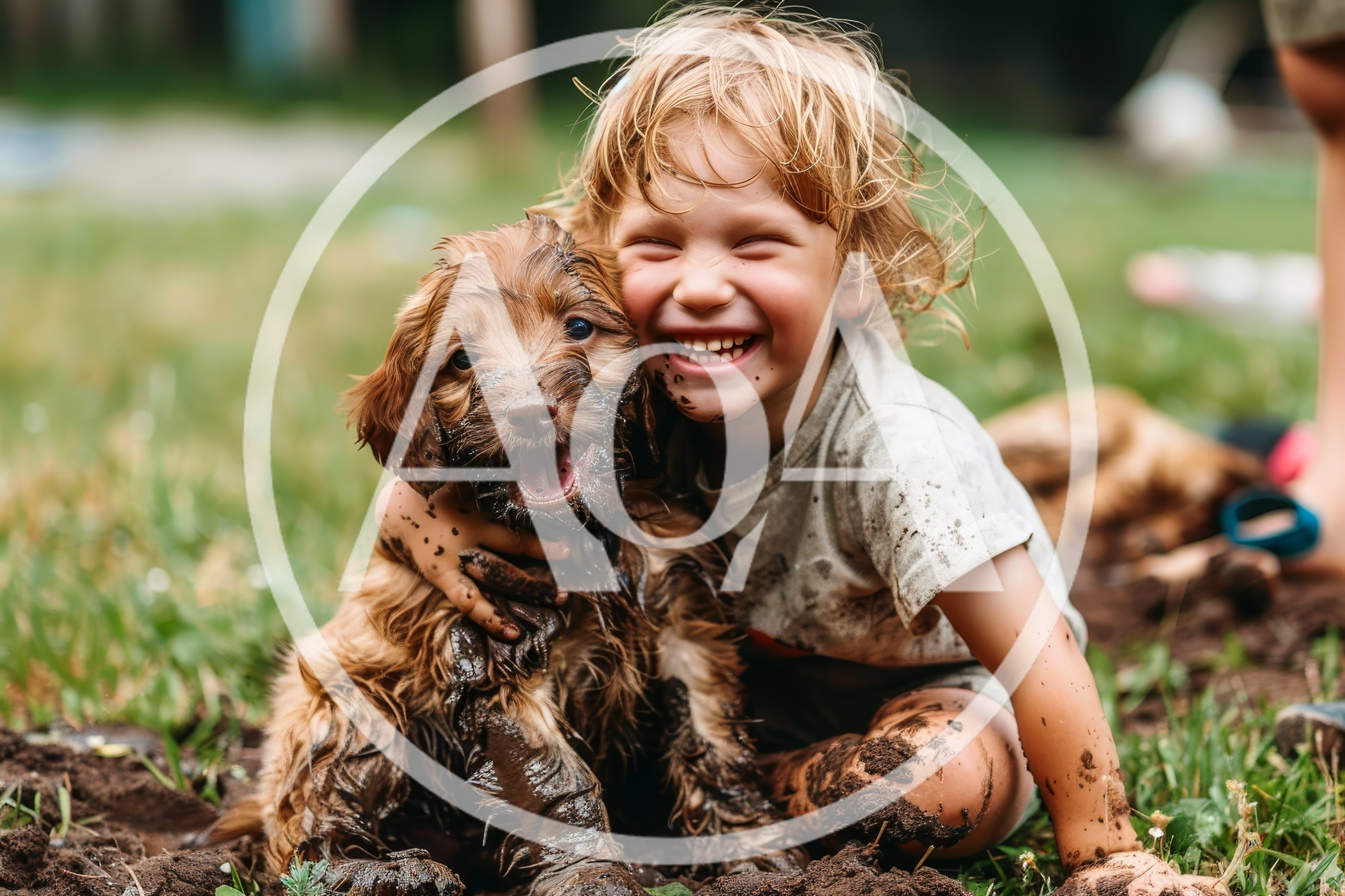 Happy Child Hugging Muddy Puppy Outdoors
