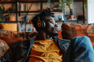 Young Black Man Relaxing On Sofa With Headphones