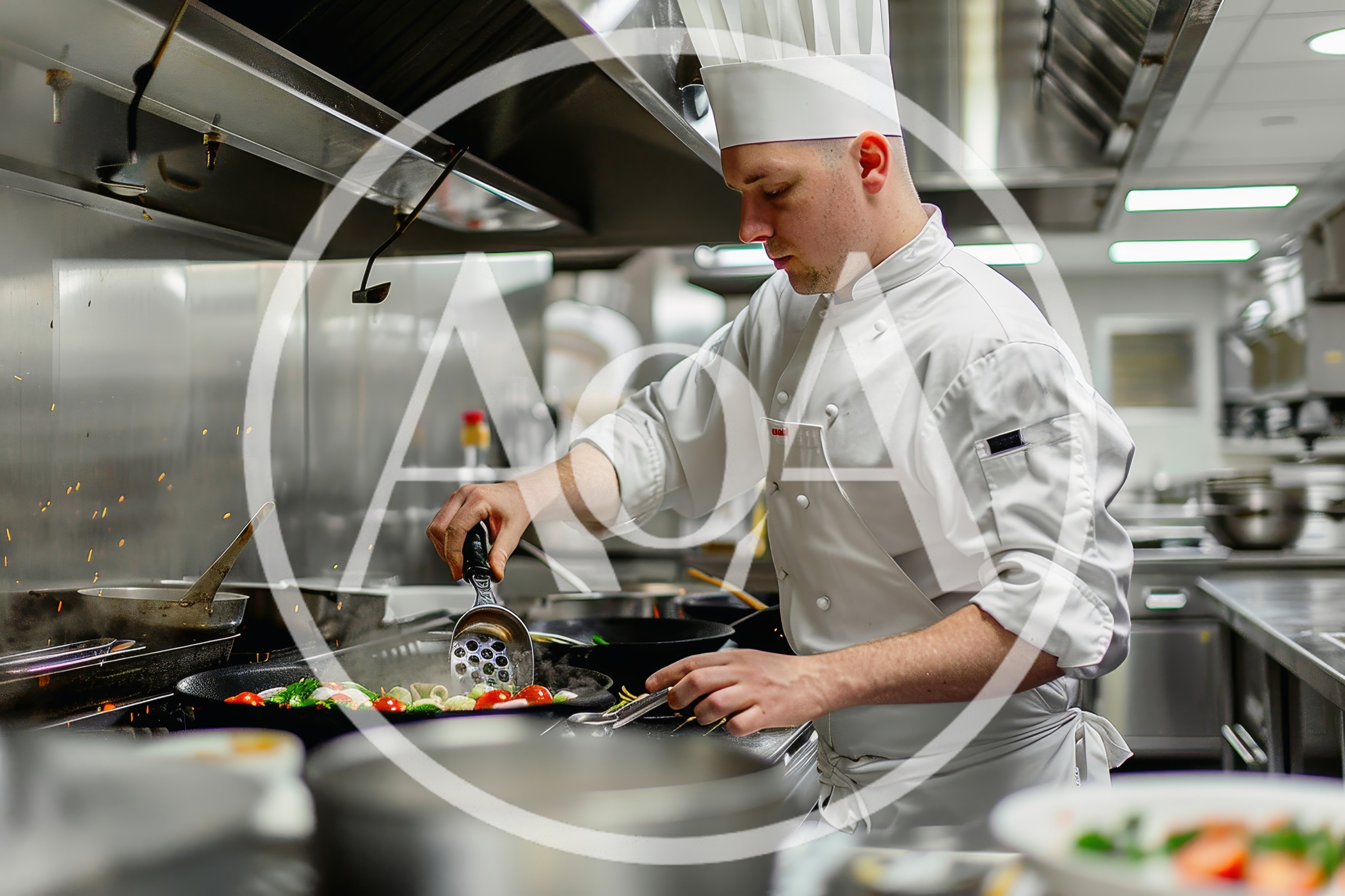 Professional Chef Cooking Vegetables In A Commercial Kitchen