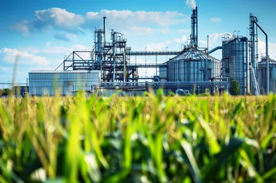 Industrial Refinery Plant Behind A Corn Field
