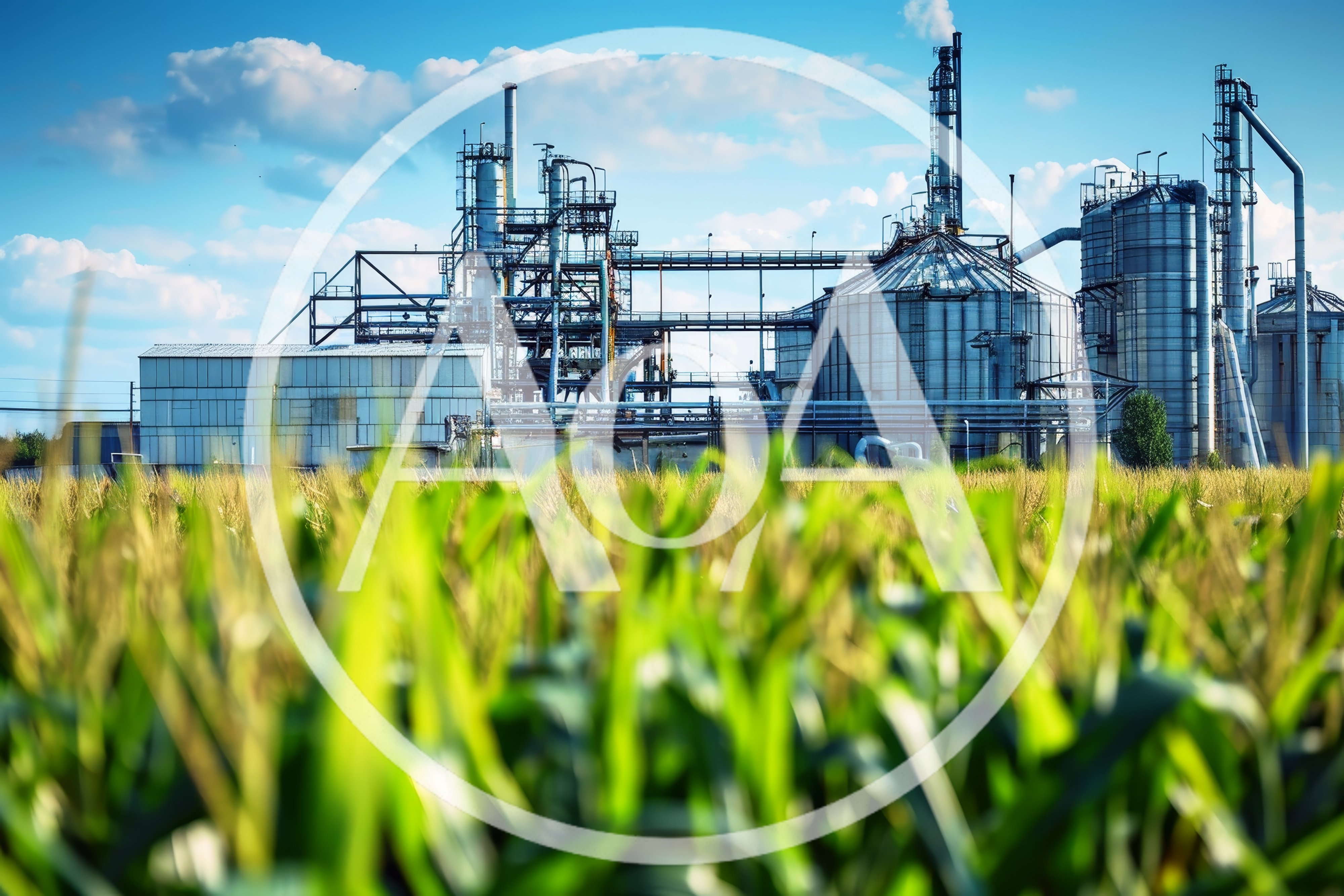 Industrial Refinery Plant Behind A Corn Field