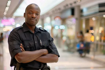 Security Guard Standing With Arms Crossed In Shopping Mall