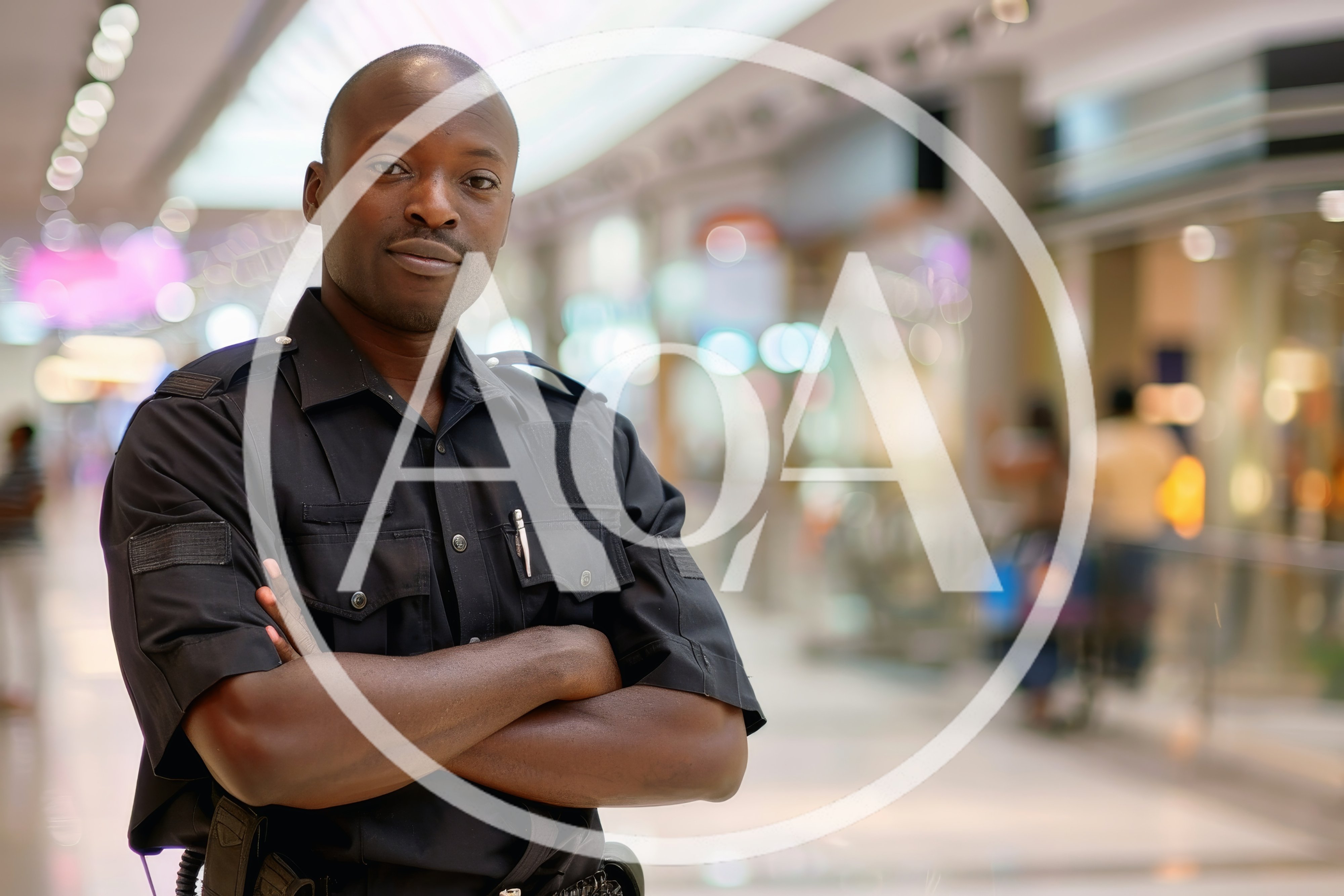 Security Guard Standing With Arms Crossed In Shopping Mall