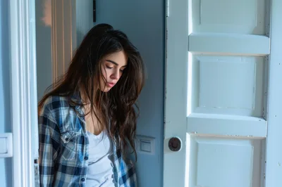 Young Woman Standing In A Doorway Looking Down