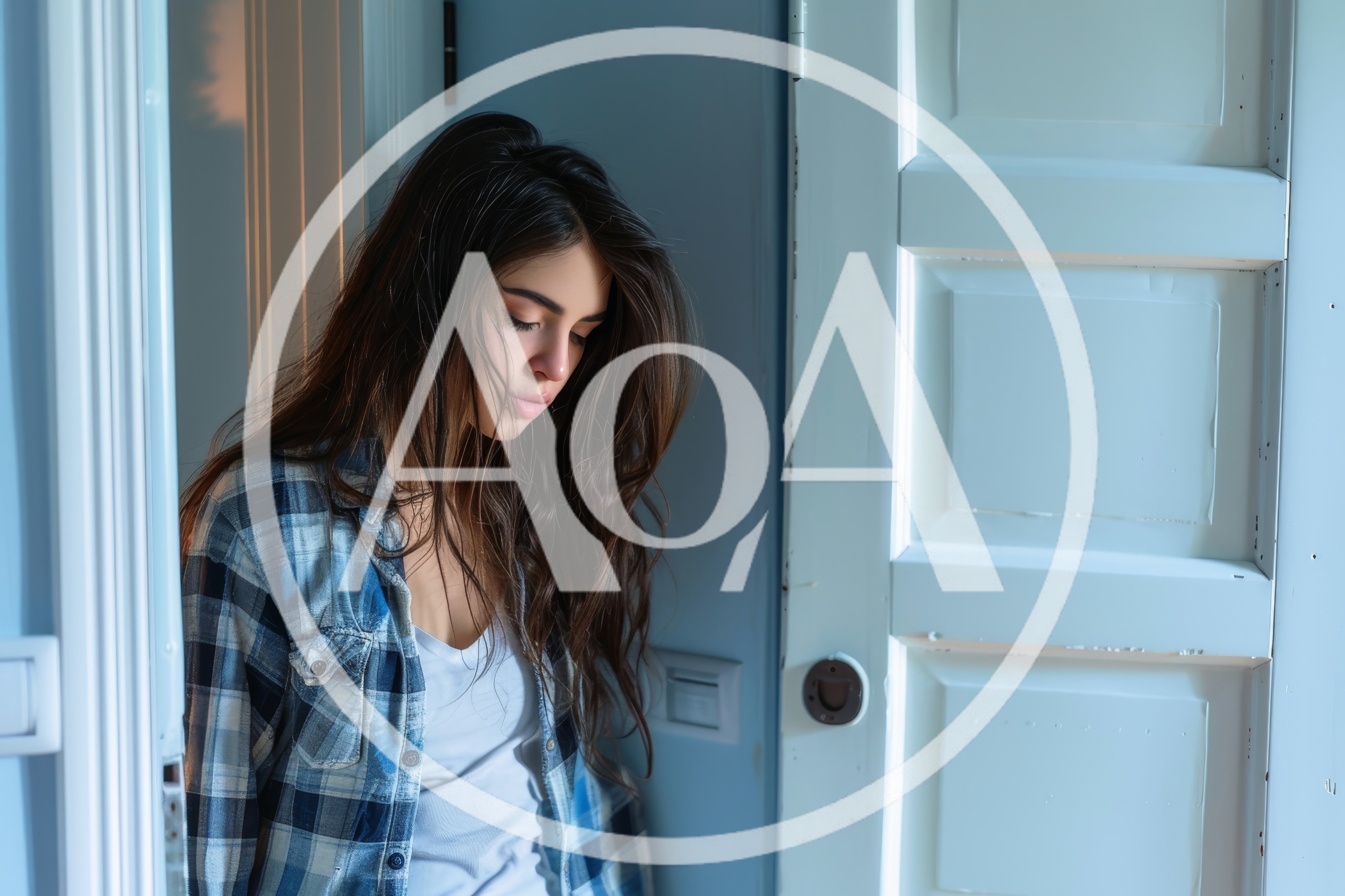 Young Woman Standing In A Doorway Looking Down