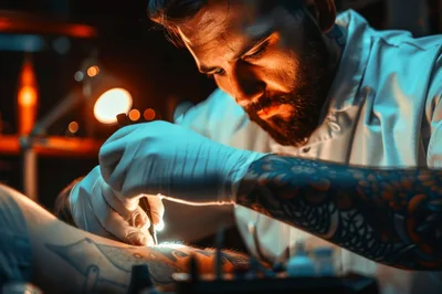 Tattoo Artist Working On A Client In A Studio