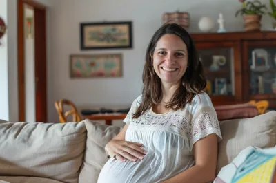 Pregnant Woman Smiling While Sitting On A Sofa