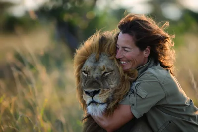Woman Embracing A Large Male Lion In The Savannah
