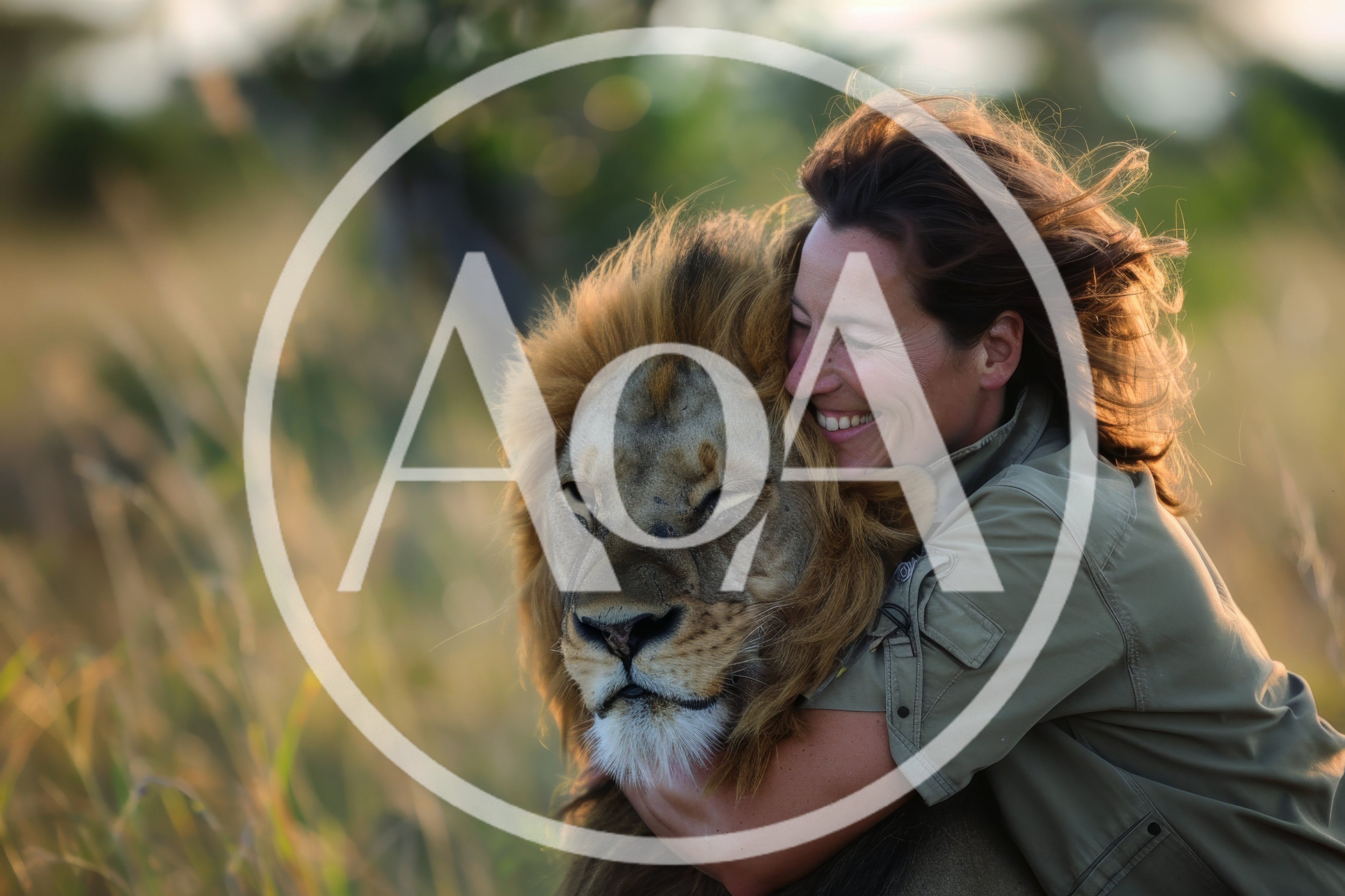 Woman Embracing A Large Male Lion In The Savannah