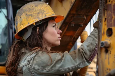 Female Construction Worker Inspecting Heavy Machinery