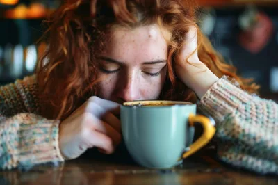 Tired Young Woman Resting Head On Coffee Cup