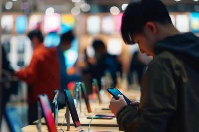 Young Man Testing Smartphone in Electronics Retail Store