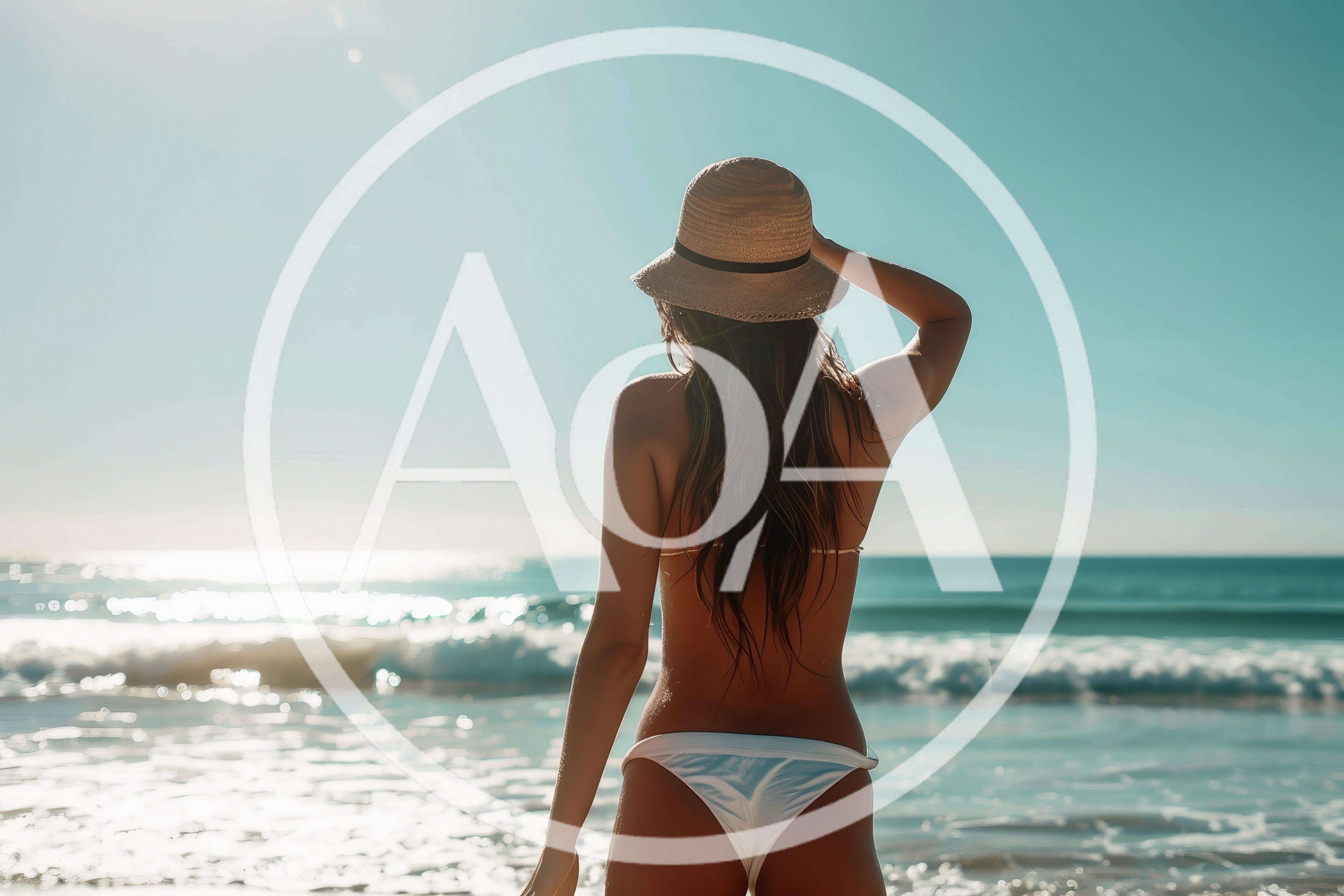 Woman In Bikini And Sun Hat Standing On Beach