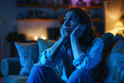 Sad Woman Sitting Alone on Couch at Night