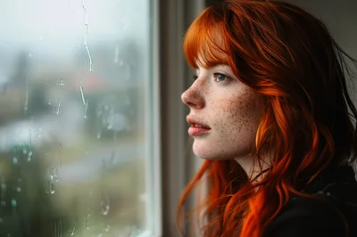 Pensive Young Woman With Red Hair Looking Out Window