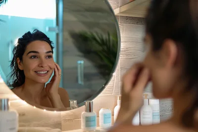 Woman Applying Skincare Products In Bathroom Mirror