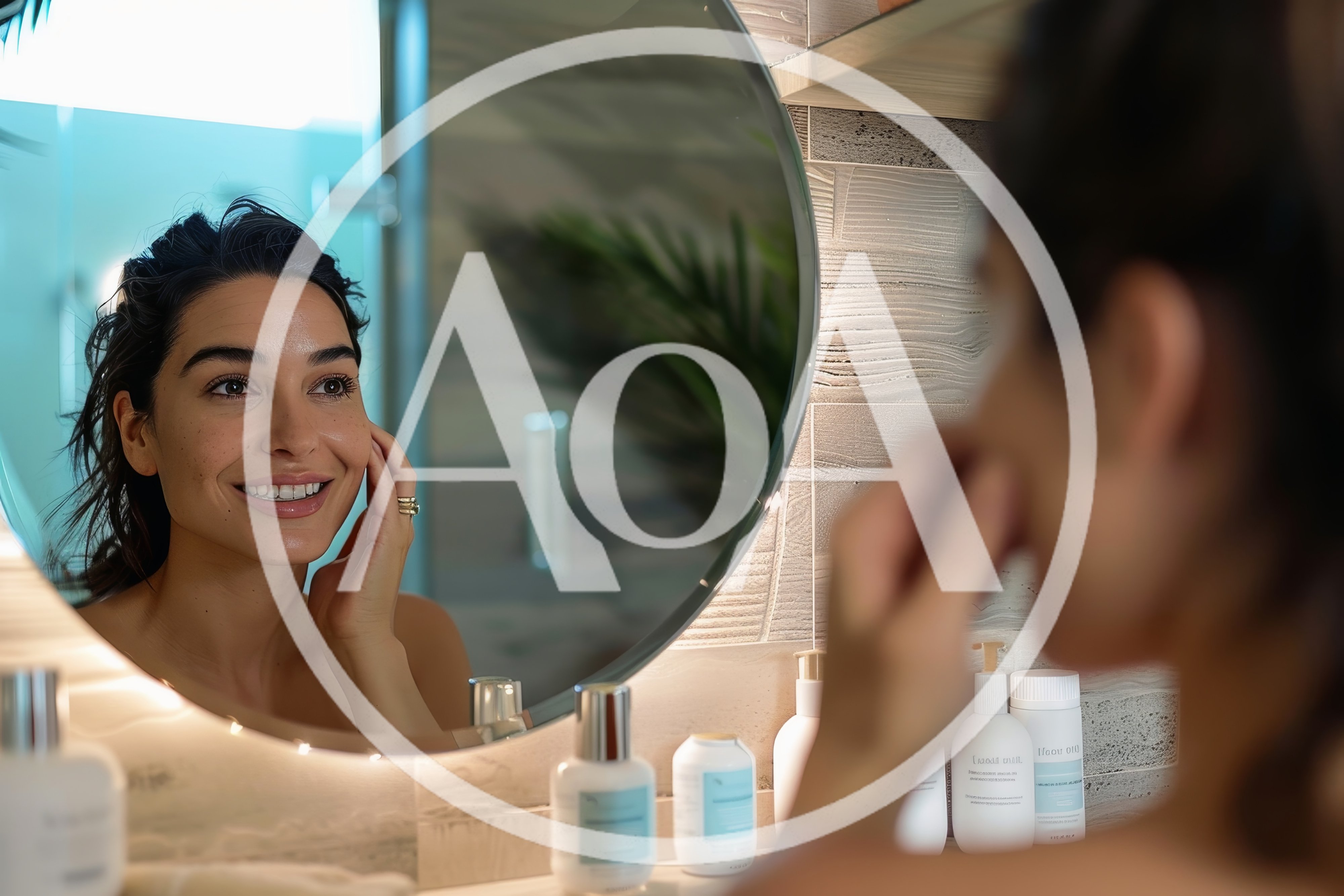 Woman Applying Skincare Products In Bathroom Mirror