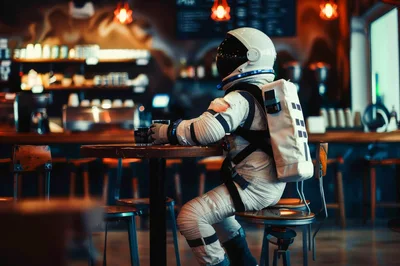 Astronaut Sitting Alone At A Coffee Shop Table