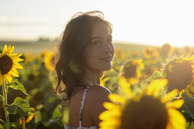 Young Woman Smiling In A Sunflower Field At Sunset