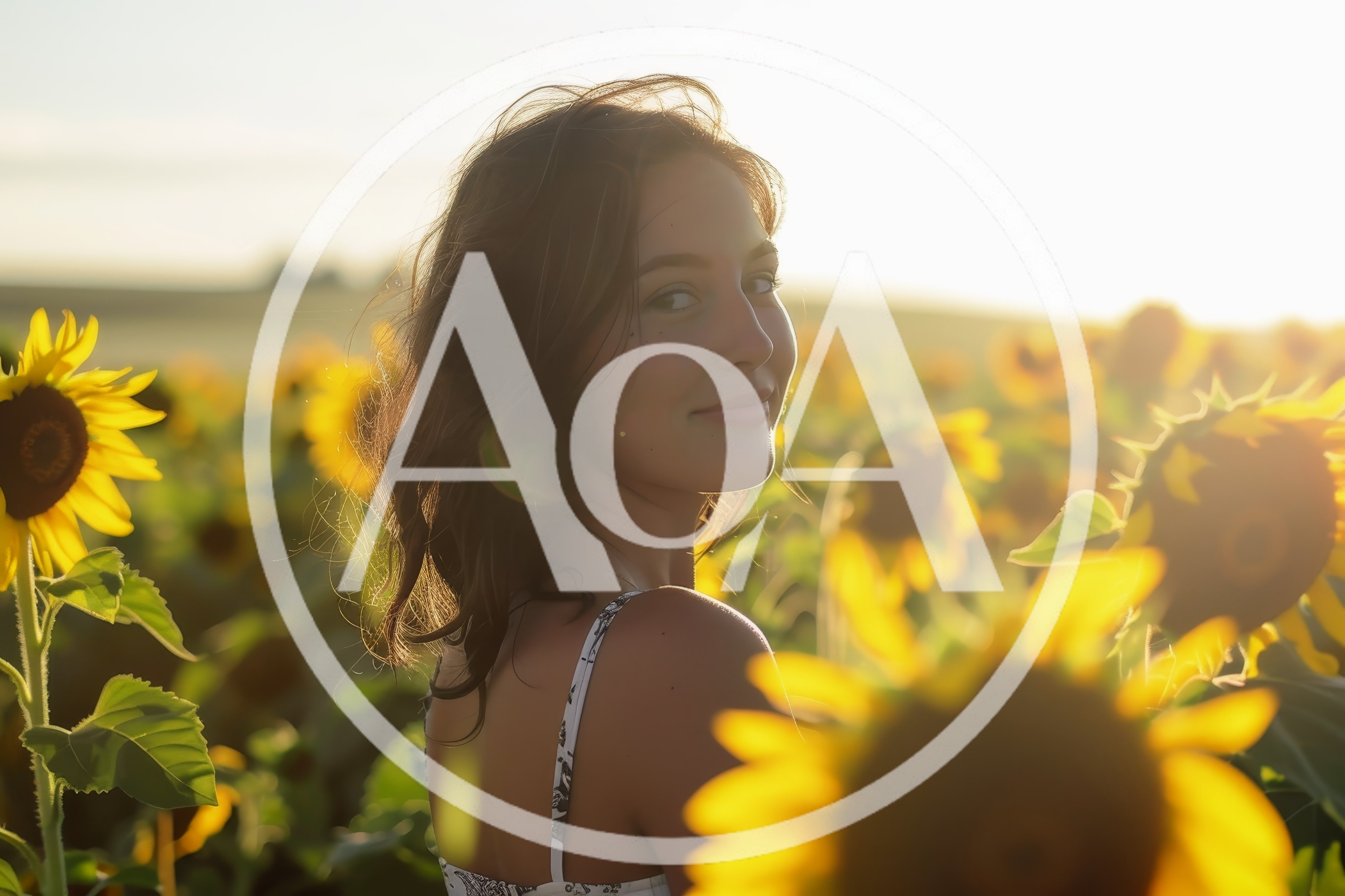Young Woman Smiling In A Sunflower Field At Sunset