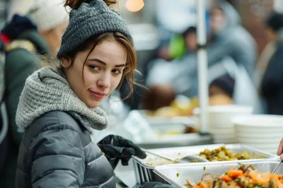 Young Woman Serving Food at Outdoor Community Event
