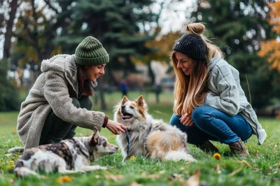Two Women Playing With Dogs In A Park