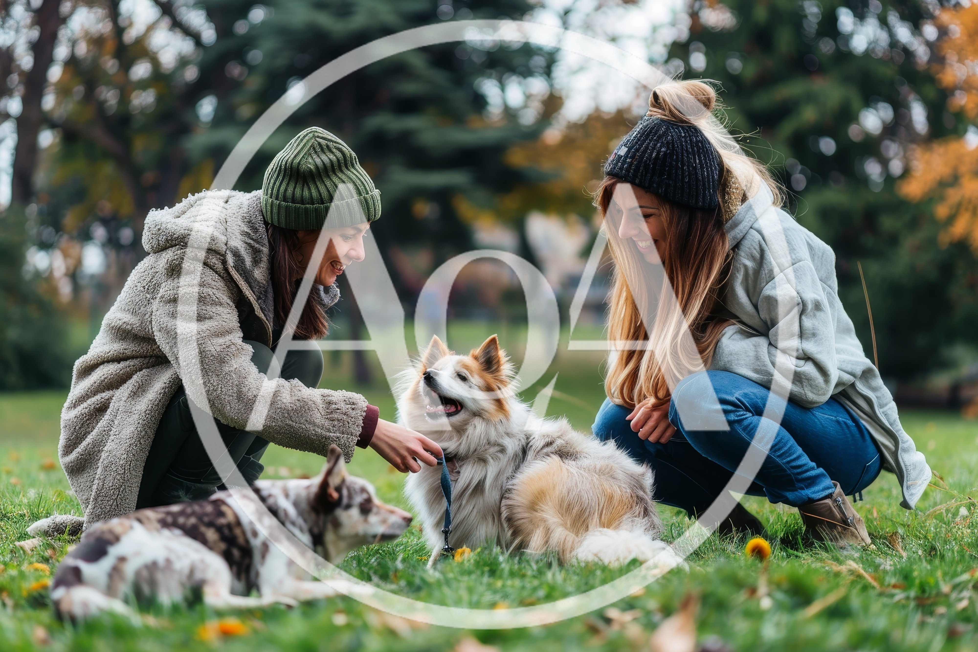 Two Women Playing With Dogs In A Park