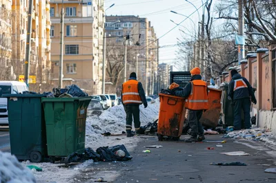 Sanitation Workers Collecting Trash On Snowy City Street