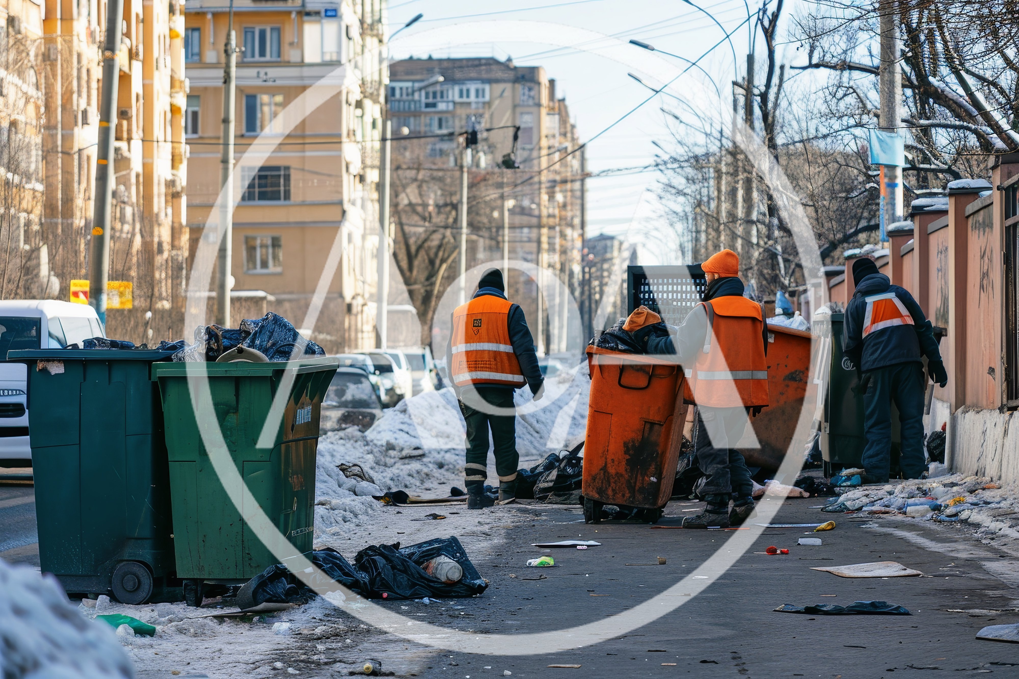 Sanitation Workers Collecting Trash On Snowy City Street