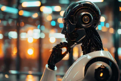 Futuristic Android Robot Thinking In A Modern City