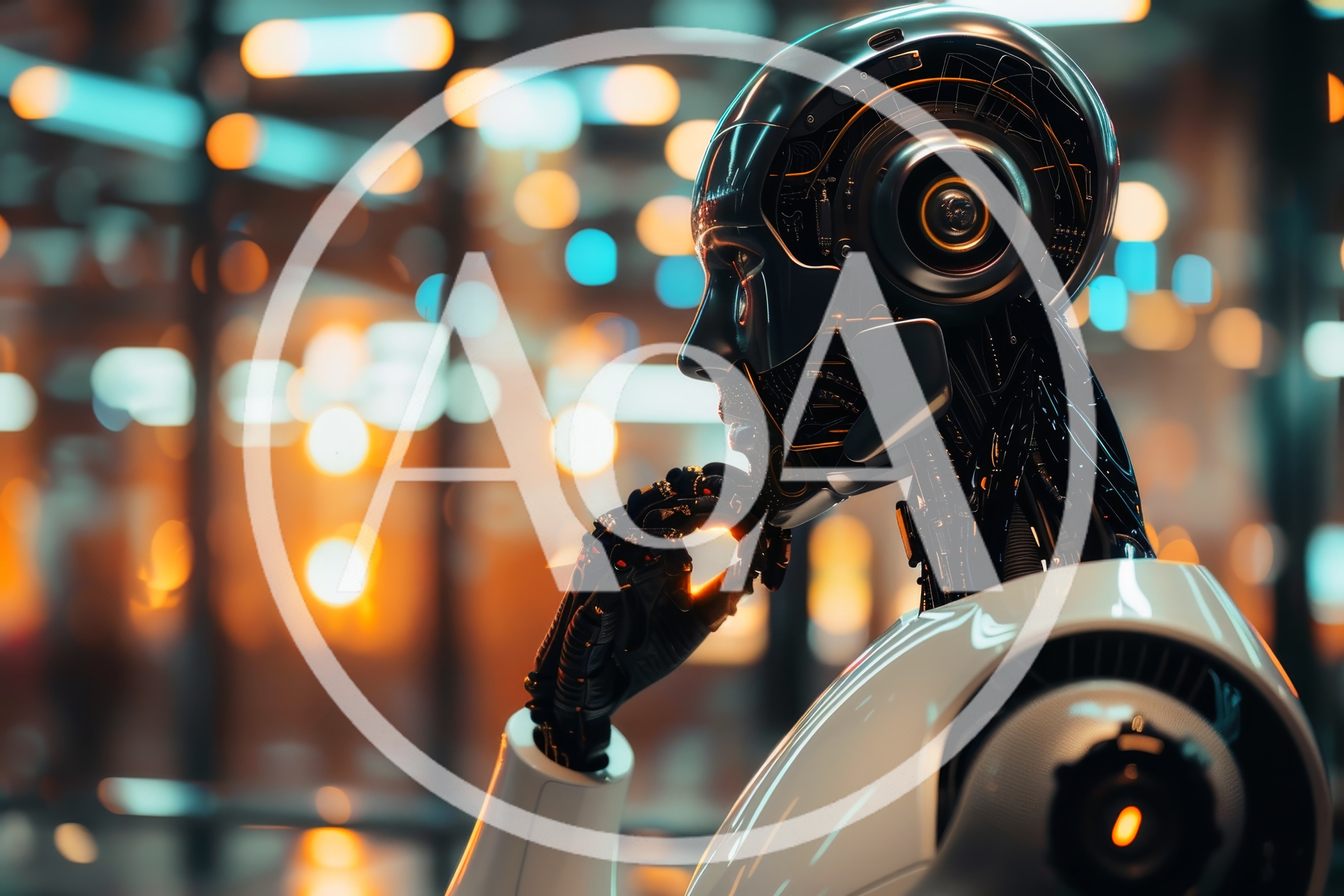 Futuristic Android Robot Thinking In A Modern City