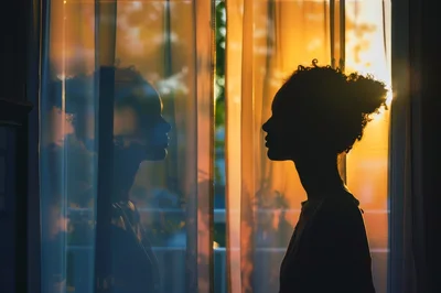 Silhouette Of A Woman Looking At Her Reflection