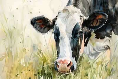 Watercolor Painting Of A Holstein Cow Grazing