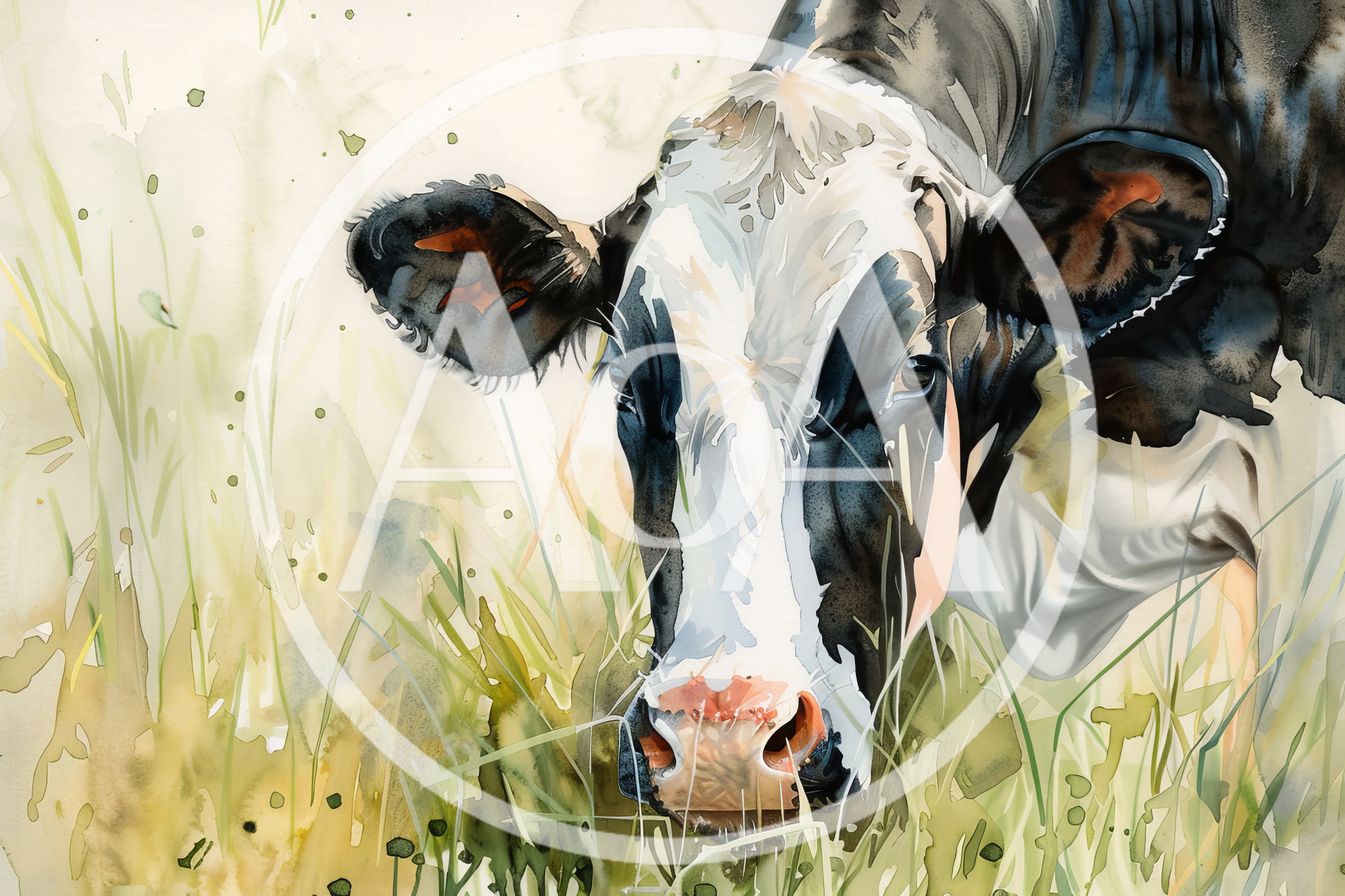 Watercolor Painting Of A Holstein Cow Grazing