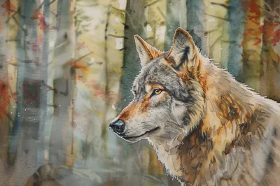 Watercolor Painting Of A Majestic Wolf In Forest