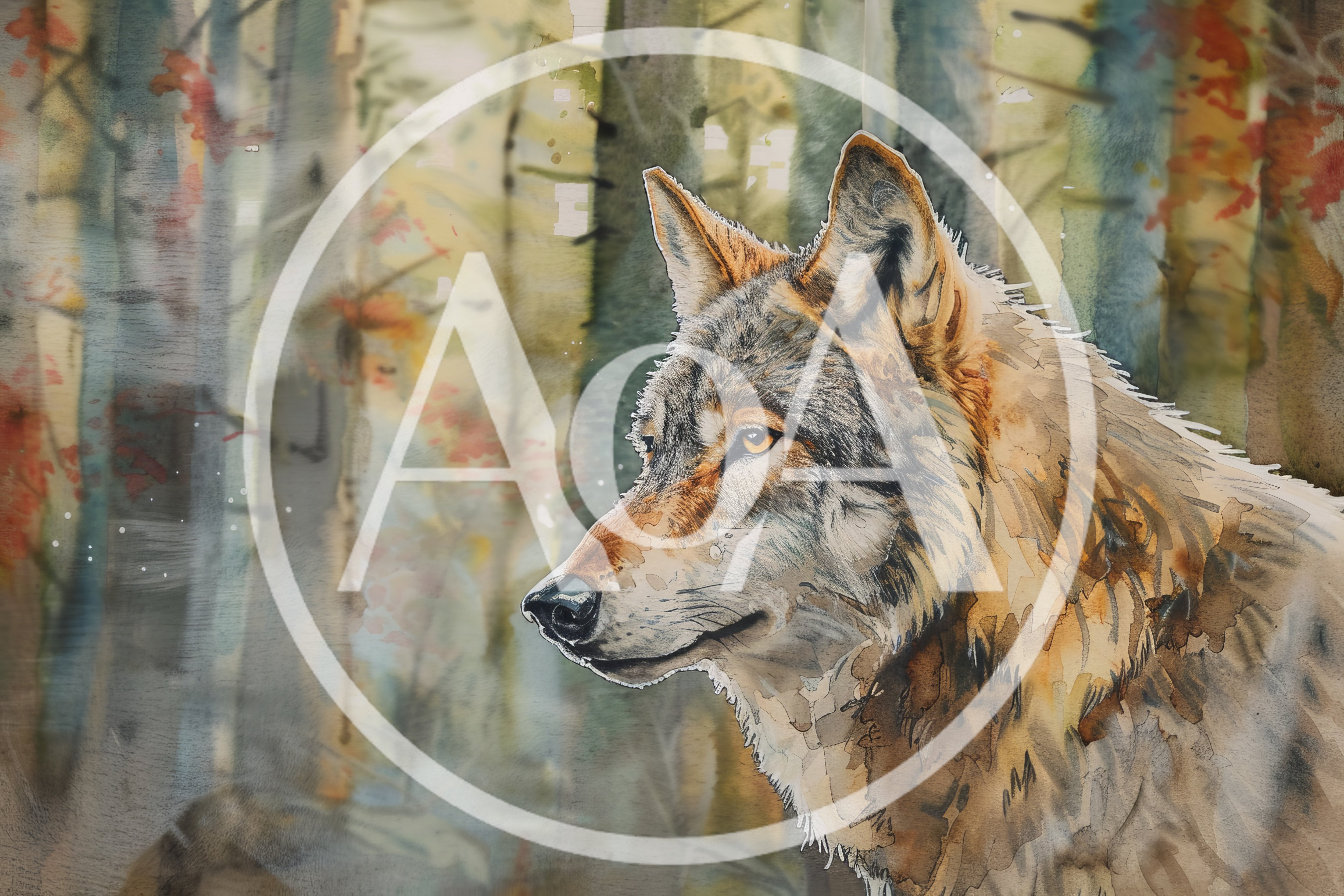Watercolor Painting Of A Majestic Wolf In Forest